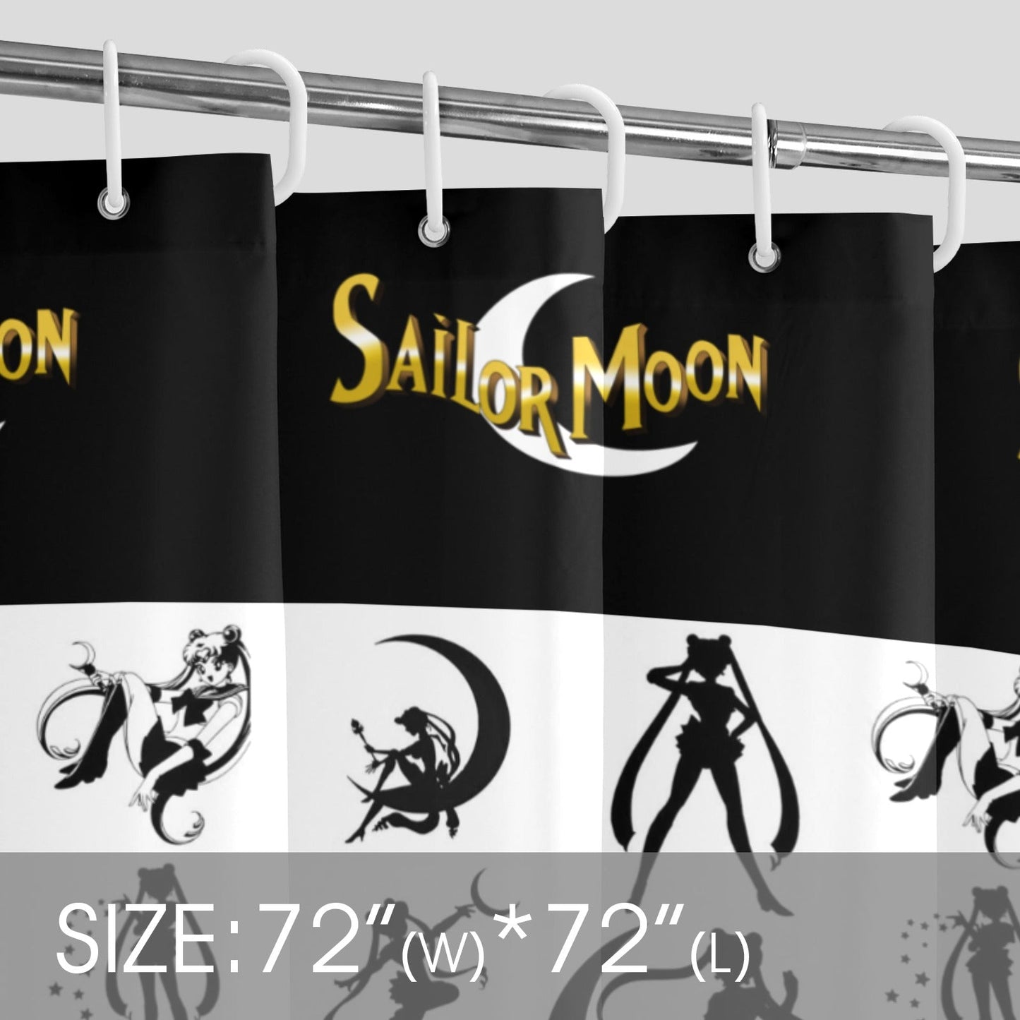 Cortina de ducha Sailor Moon, color negro y blanco, 72 x 72 pulgadas